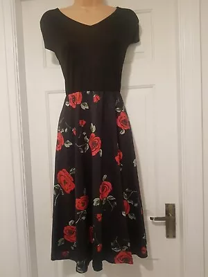 Vintage 1940's-50's Style Black/ Rose Print Swing Dress  - Size 16 • £13.99