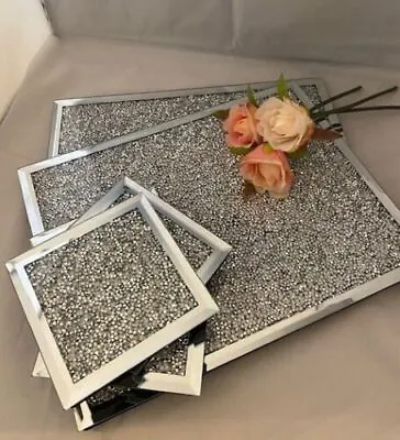 Crushed Diamond Crystal Mirrored Glass Placemat Coasters Set Table Organization  • £28.79
