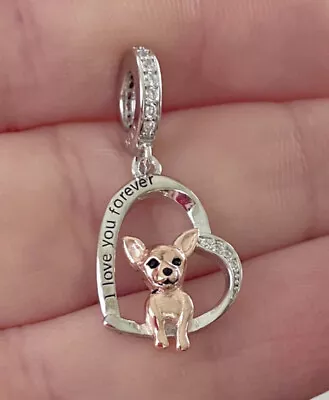 Chihuahua Dog Charm Love You Forever 925 Sterling Silver Heart Pendant • £17.99