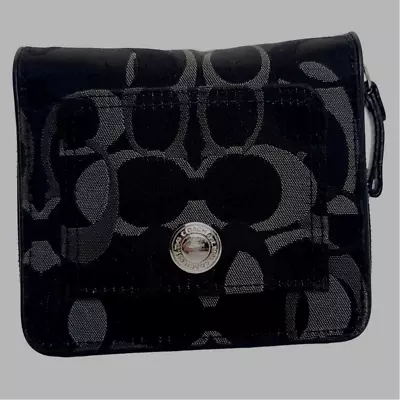 Coach Bifold Wallet Signature C Monogram Black Gray Fabric Leather • £37.01