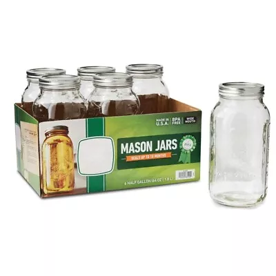 6 Count 64 Oz Wide Mouth Half Gallon Mason Jars With Airtight Lid And Band • $15.78