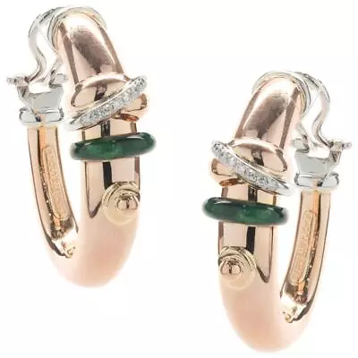 La Nouvelle Bague 18 Karat Yellow Gold Green Enamel And Diamond Hoop Earrings • $2800