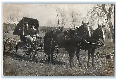 C1910's Couple Riding Horse Carriage Bazile Mills NE RPPC Photo Antique Postcard • $29.95