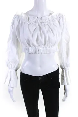 Staud Womens Tristan Long Sleeve Off Shoulder Ruffle Crop Top White Linen Medium • $79.99