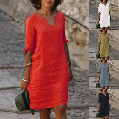 Summer Women's Short Sleeve Cotton Linen Baggy Shirt Dress Midi Dress Plus Size • £11.39