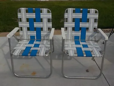 Vintage Set Of 2 SUNBEAM Aluminum Webbed Folding Lawn Chairs White/Blue • $52