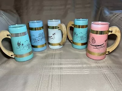 Vintage Set Of 5 Siesta Ware Tiki Tropical Frosted Glass Mugs With Wood Handles • $21