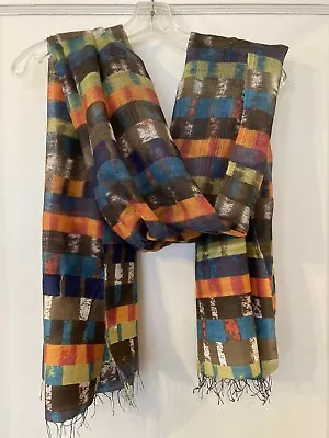 Epice Paris Long Wool Silk Scarf 72x31 Painterly Stripes Orange Blue Brown Red • $74.99