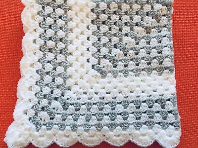 Hand Crocheted Baby's Blanket/shawl/car Seat/pram/crib White And Grey Dk Wool • £12