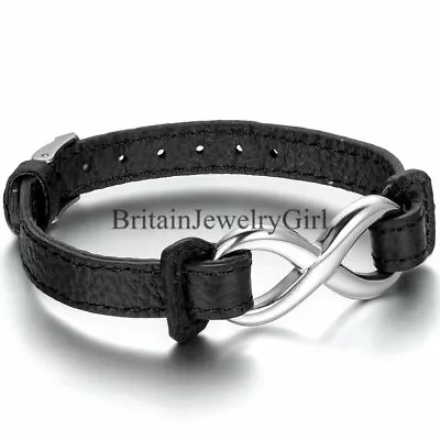 Black Leather Stainless Steel Love Infinity Men Women Charm Bangle Bracelet • $9.99