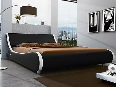 King Leather Low Profile Sleigh Platform Bed Frame With HeadboardBlack & White • $269.99