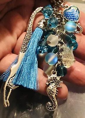 Mermaid Aqua Ocean Beach Seahorse Glass Beads Purse Tassel Backpack Charm Clip • $14.95