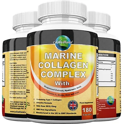 Marine Collagen Complex 2616mg With Hyaluronic Acid & Vitamin C Capsules Tablets • £5.80