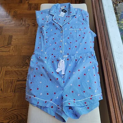New! J.Crew S M L XL XXL Blue Striped Apple Cotton Shorts Top Pajama PJ Set NWT • $42