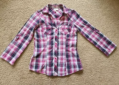 PASSPORT Womens Top M Cotton Shirt Plaid Button Up Long Tab Sleeves Pockets • $10.62