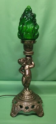 $259.99 • Buy Antique Vintage Art Deco Cherub Putti Metal Table Lamp Green Flame Torch Shade