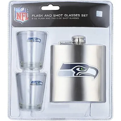 $15.99 • Buy NFL Seattle Seahawks Shot Glasses & Brushed Stainless Steel Flask Set