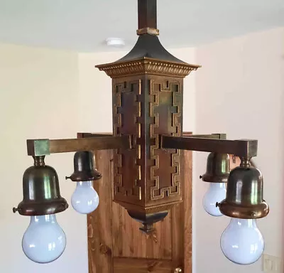 ANTIQUE C1900 ART DECO MISSION CHANDELIER LIGHT FIXTURE W/ GREEK KEY PATTERN • $259