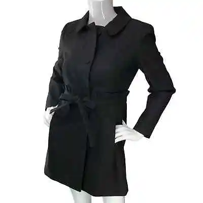 J. Crew Womens Size 4 Gamin Jacket Trench Coat Black Belted Mid Length Ruffle • $67.96