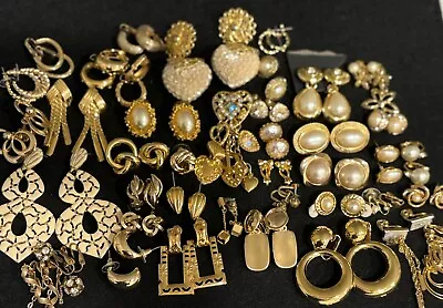 Lot Of 50 Vtg - Mod Gold Tone Pearl Earrings Avon  Monet  KR  Kirks Folly • $200