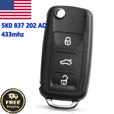 3 Button Folding Flip Remote Key Fob W/ ID48 Chip 434MHz Fit For VW 5K0837202AD • $13.95