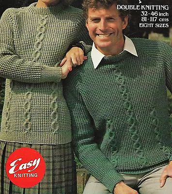 1778 Ladies & Mens Dk Easy Cable Jumper 32-46   Vintage Knitting Pattern  Copy • £3.49