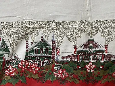 $25 • Buy Vintage Christmas Tablecloth Nice Red Green Cottage Chimney Santa