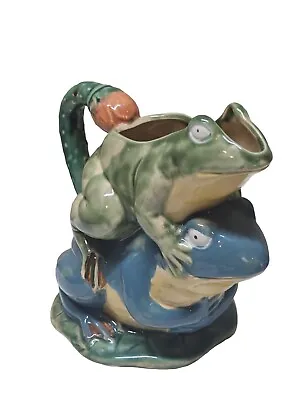 Majolica Frog Pitcher Whimsical Leap 2 Painted Pottery Ceramic Vase Planter 8  • $49.95