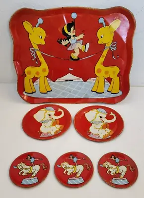 Ohio Art Vintage Tin Toys Tray 2 Plates 3 Saucers Circus Giraffe Elephant Horse • $19.50