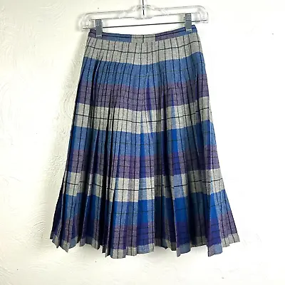 Vintage Plaid Skirt Blue Gray Purple Pleated Midi Knee Length School Girl Womens • $14.99