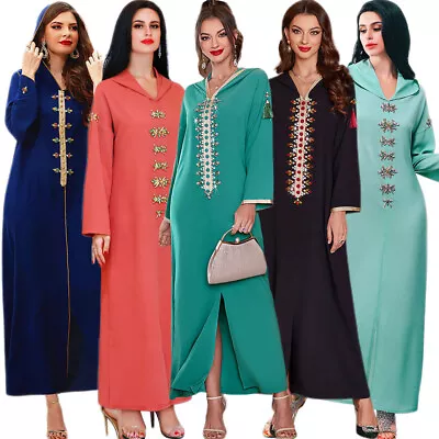 Ramadan Muslim Women Long Dress Caftan Moroccan Hooded Kaftan Dubai Abaya Robe • $43.60