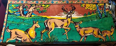 Vintage Velvet Deer Buck Herd Family Wall Hanging Tapestry Fringe Edges 52”x 26” • $39.99