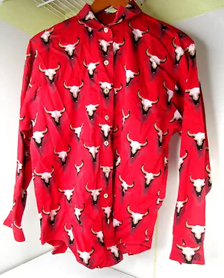 Vintage Barn Fly Red Longhorn Cow Skull Long Sleeve Button-Down Shirt Cotton S • $19.95