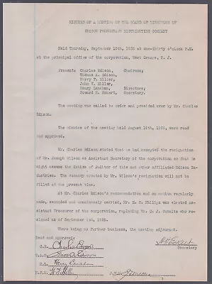 Thomas A. Edison - Corporate Minutes Signed 09/10/1925 With Co-signers • $1800