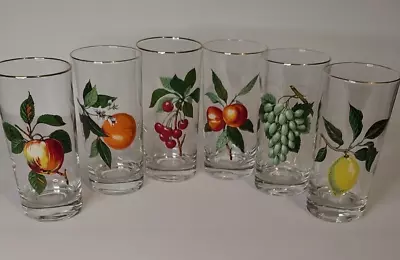 Set Of 6 MCM Gold Rimmed Fruit Design Drinking Glasses 5.5  Tall • $24