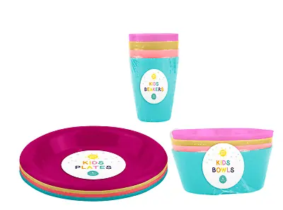 £9.99 • Buy 12 KIDS MULTICOLOUR PLASTIC BOWLS CUPS PLATES Set Cutlery School Home Picnics