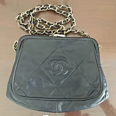 Chanel Black Lambs Leather Kiss Lock Bag • $750