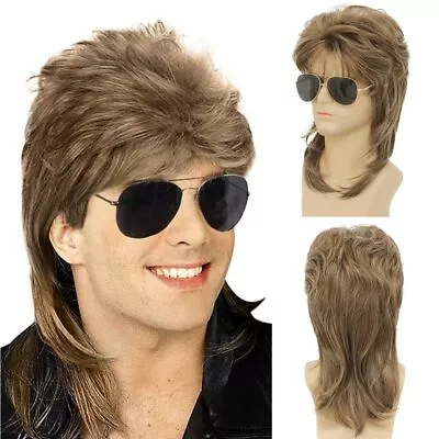 Swiking Mens Mullet Wig Light Brown Retro 70s 80s Disco Rocker Curly Punk Fan... • $24.97