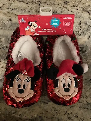 Disney Parks Mickey And Minnie Mouse Sequin Holiday Slippers For Adult-Small 5/6 • £24.11