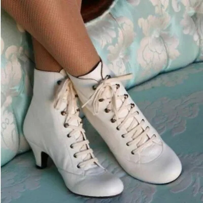 $45.82 • Buy Ladies Lace Up Shoes Low Kitten Heel Ankle Boots Victorian Retro Chelsea Booties
