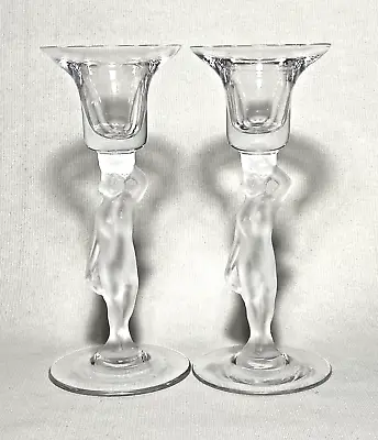 BAYEL ~ Early Pair Of  FROSTED NUDE FEMALE Crystal Candle Holders ~ France • $62