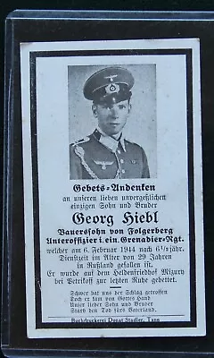 WWII German Sterbebild Card Georg Hiebl Sgt W/Lanyard & 2 Place Bar Feb. 6 1944 • $17