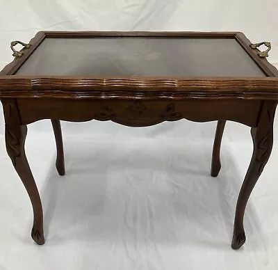 Antique 1920s - FRENCH Style - Tea/Coffee Walnut Table W/ Glass Tray -  NICE • $390