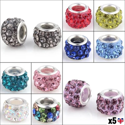 £3.89 • Buy 5x Beads European Large Hole Charm Bracelet 10mm Rhinestone Jewellery Making UK