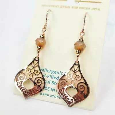 Adajio Earrings Taupe Teardrop With Shiny Rose Gold Plated Moroccan Overlay 7939 • $24.95