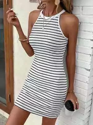 Women's Striped Print Halter Neck Backless Sleeveless Bodycon Dress - Size 8 • £12.99