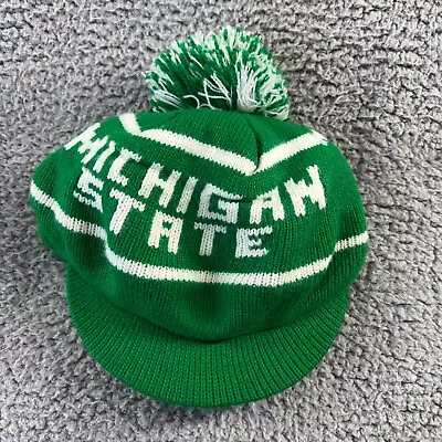 Vintage Michigan State Hat Knit Beanie Green White W/ Brim Bill Sellout 70s 80s • $19.86