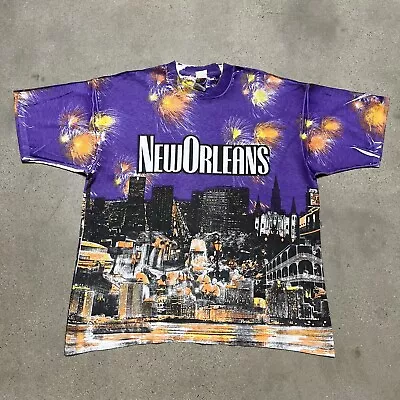 Vintage 90s New Orleans All Over Print AOP Purple Fireworks T Shirt Men's XL • $32.99