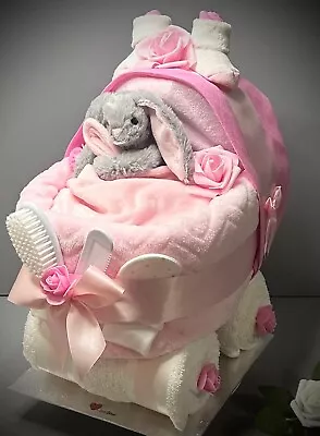 NAPPY CAKE Pram Style In Shades Of Pink For Baby Shower Or Maternity Gift. • £54.50