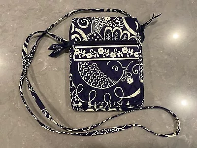 Vera Bradley Cross Body Mini Hipster Twirly Birds Navy Blue And White Cotton EUC • $12.95